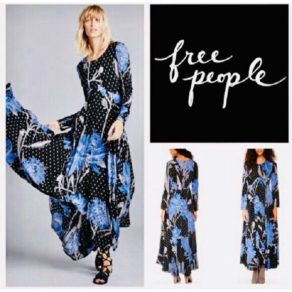 Free People First Kiss Printed Maxi Dress Botanical Night Blue XS - Picture 8 of 8